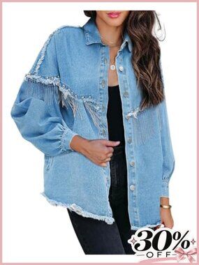 Oversized Fringe Denim Jacket Sparkly Tassel Western Coat